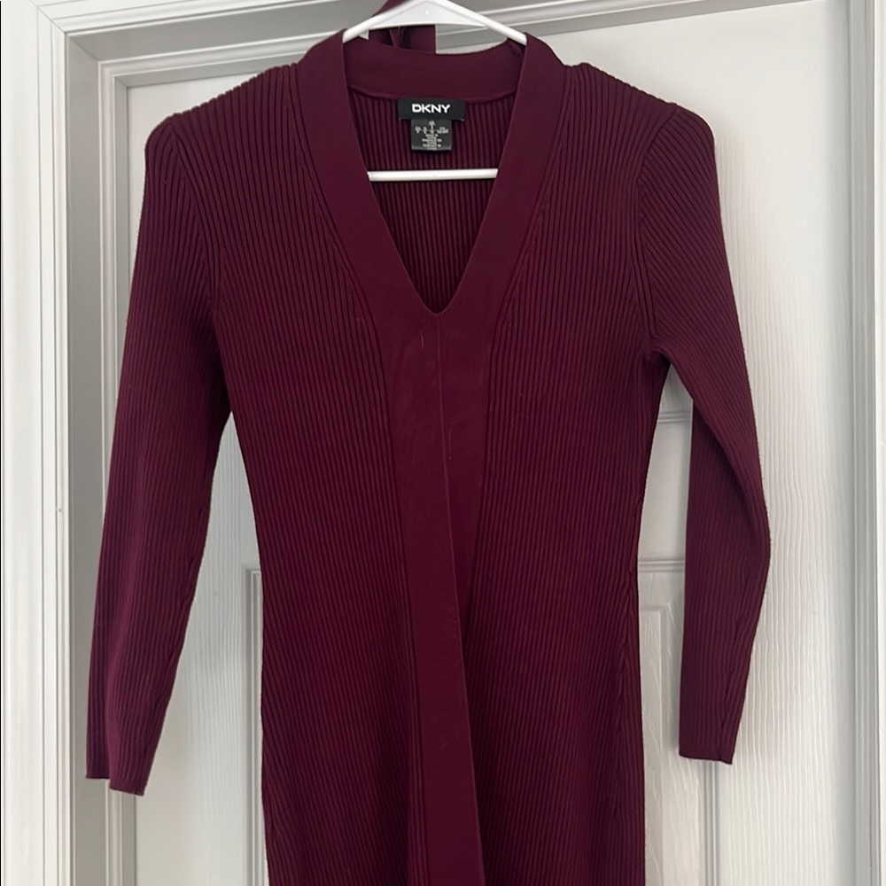DKNY Red Long Sleeve V-Neck Sweater Dress